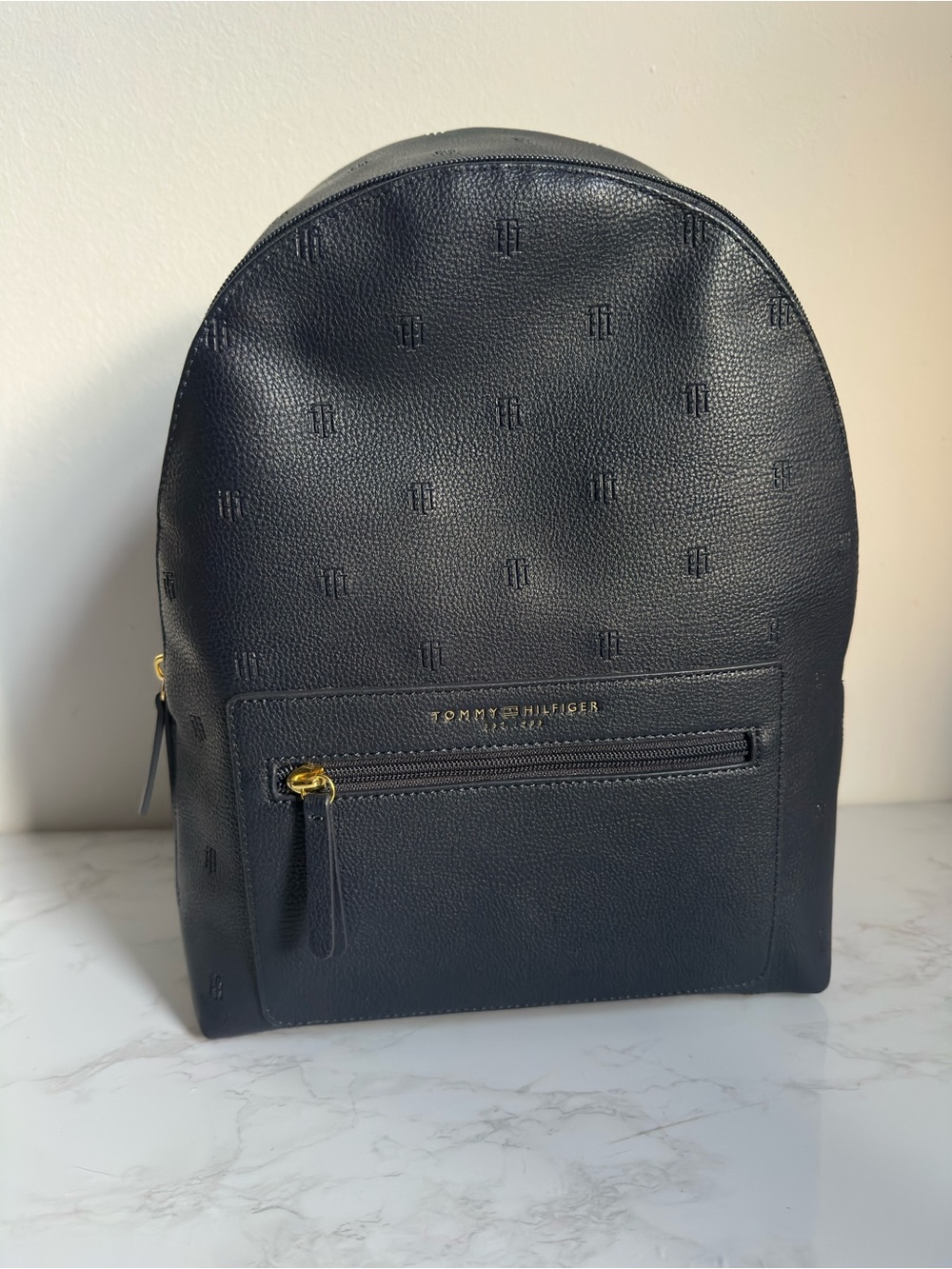 Tommy Hilfiger Black Textured Leather Backpack with Gold Hardware